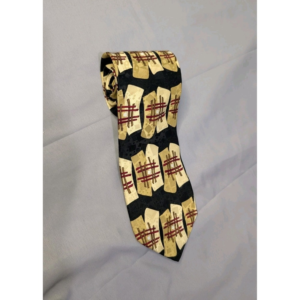 Ziggurat Mulberry Silk Tie USA Abstract Geometric Gold Black‎ Red Retro 90s Y2K